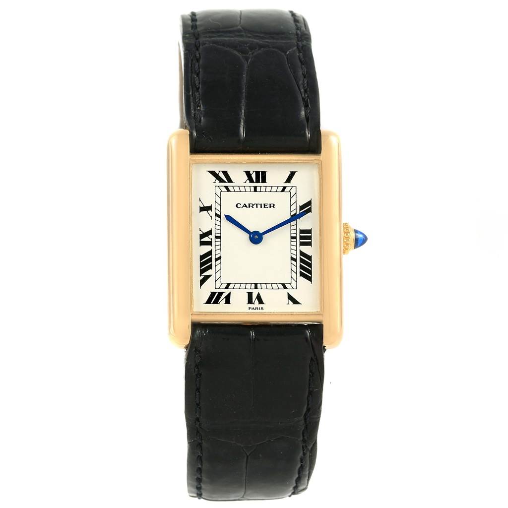 The Cartier Tank Classic Men's Yellow Gold White Dial Men's Yellow Gold White Dial watch is shown in a straight-on angle, displaying the face, hands, strap, and crown.