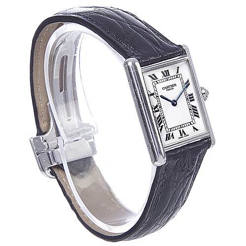This image shows a Cartier Tank Classic Platinum White Dial Platinum White Dial watch at a slight angle, highlighting the face, leather strap, and clasp.