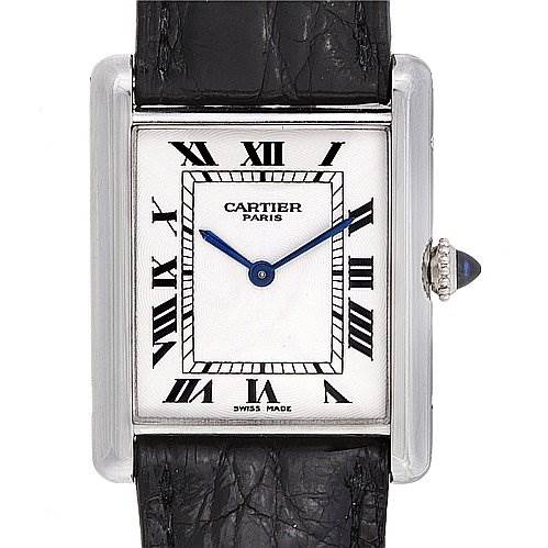 This image shows a front view of a Cartier Tank Classic Platinum White Dial Platinum White Dial watch, displaying its face, Roman numerals, and black leather strap.