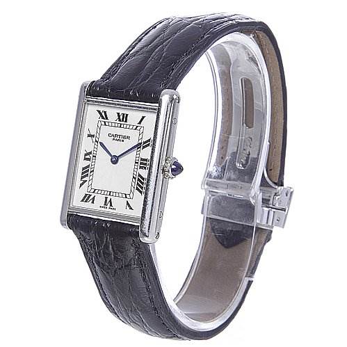 The Cartier Tank Classic Platinum White Dial Platinum White Dial watch is shown at an angled side view, displaying the rectangular face, Roman numeral dial, and black leather strap.