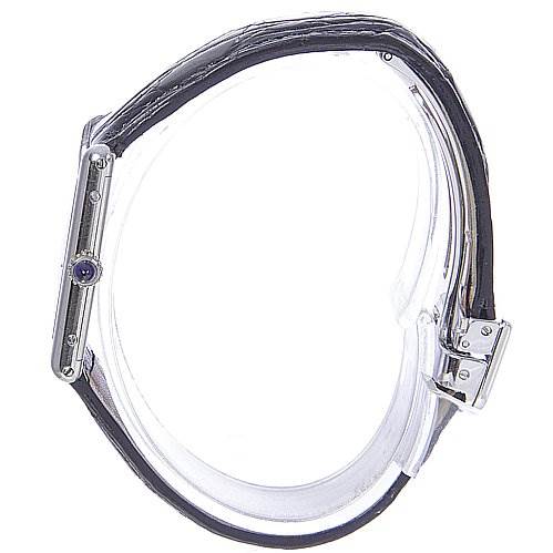 This image shows a side view of the Cartier Tank Classic Platinum White Dial Platinum White Dial watch, highlighting its strap, clasp, and case.