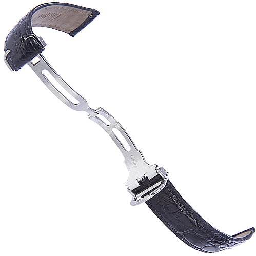 The image shows a side view of a black leather strap with a silver clasp for the Cartier Tank Classic Platinum White Dial Platinum White Dial watch model.