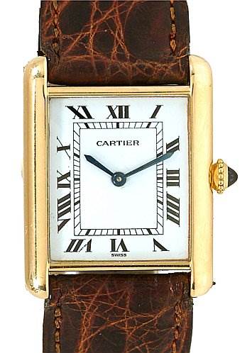 This image shows a front view of the Cartier Tank Classic Women's Yellow Gold White Dial Women's Yellow Gold White Dial watch, featuring its white dial, Roman numeral hour markers, and a brown leather strap.