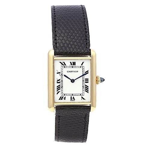 This image displays the Cartier Tank Classic Yellow Gold White Dial Yellow Gold White Dial watch from a front angle, showing its dial, Roman numerals, case, and leather strap.