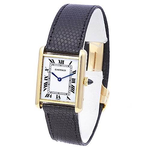 The image shows a Cartier Tank Classic Yellow Gold White Dial Yellow Gold White Dial watch from a front angle, displaying the dial, hands, case, and strap.