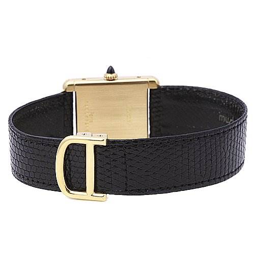 This image shows a Tank Classic model by Cartier viewed from the back, highlighting the strap and clasp.