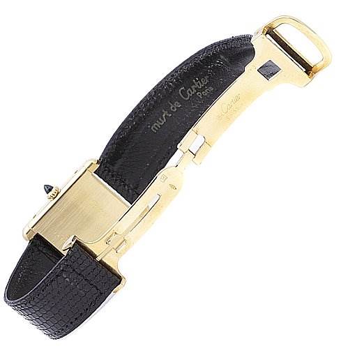 This image shows the clasp, buckle, and inner strap of the Cartier Tank Classic Yellow Gold White Dial Yellow Gold White Dial watch in a partially open position.