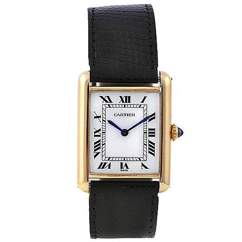 The image shows a front view of the Cartier Tank Classic Yellow Gold White Dial Yellow Gold White Dial watch, highlighting the face, Roman numerals, and black leather strap.