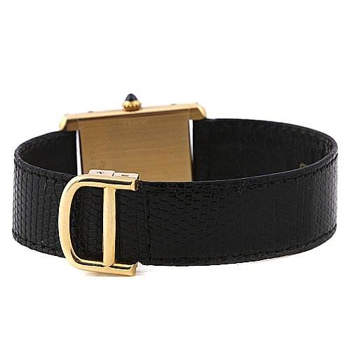 The image shows the back view of a Cartier Tank Classic Yellow Gold White Dial Yellow Gold White Dial watch, highlighting the gold buckle and black leather strap.