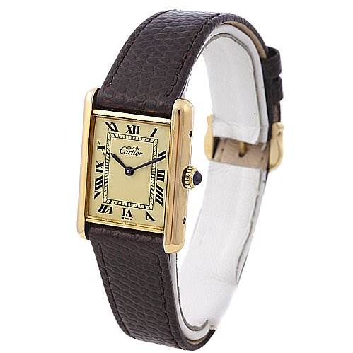 The image shows the Tank Classic by Cartier from an angled front view, highlighting its face and leather strap.