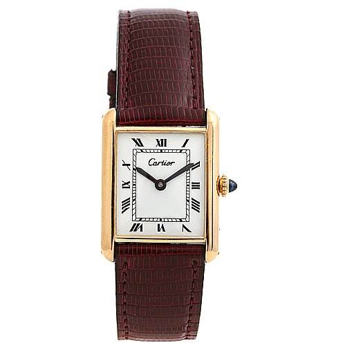 This image shows a Cartier Tank Classic Yellow Gold White Dial Yellow Gold White Dial watch from a front angle, featuring a rectangular case, leather strap, and Roman numeral dial.