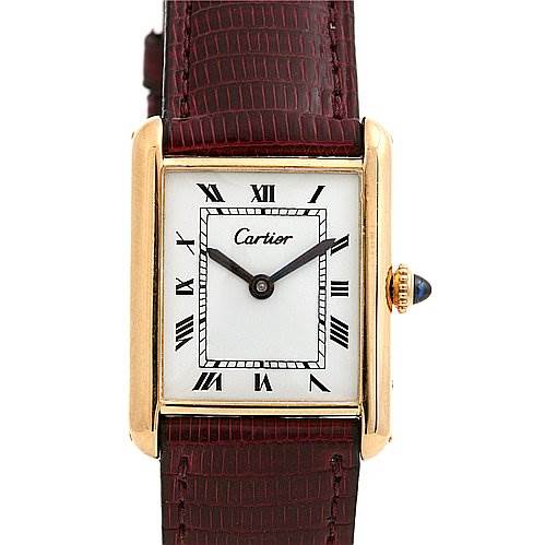 This image shows a front view of the Cartier Tank Classic Yellow Gold White Dial Yellow Gold White Dial watch, displaying its face, case, and leather strap.