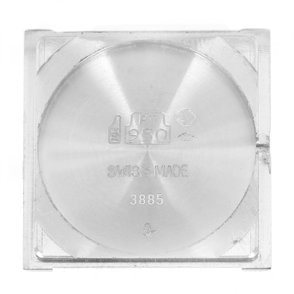 The image shows the case back of a Cartier Tank Classic Men's Platinum Silver Dial Men's Platinum Silver Dial watch, viewed directly from the back.