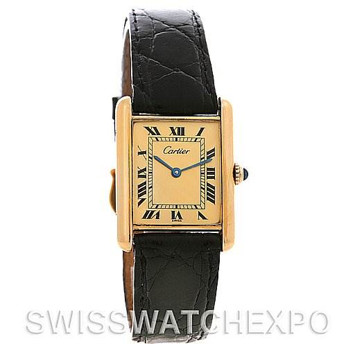 This image shows a front view of a Cartier Tank Classic Yellow Gold Champagne Dial Yellow Gold Champagne Dial model watch, displaying its face, case, and strap.