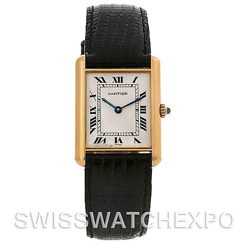 This image shows a front view of a Cartier Tank Classic Yellow Gold White Dial Yellow Gold White Dial watch with a gold case, white dial, Roman numerals, and a black leather strap.
