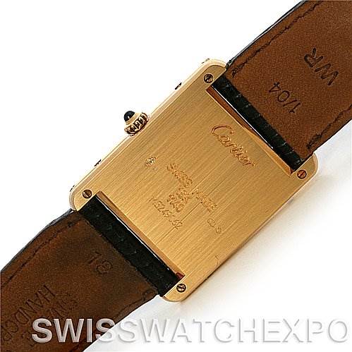 This is a rear view of the Tank Classic model by Cartier, showing the case back and leather strap.