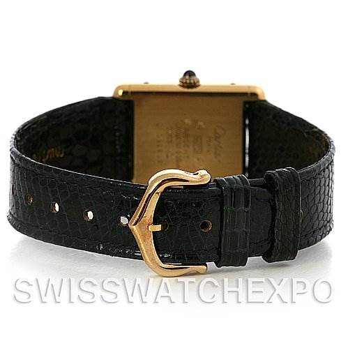 The image shows the back view of a Cartier Tank Classic Yellow Gold Blue Dial Yellow Gold Blue Dial watch, focusing on the buckle and leather strap.