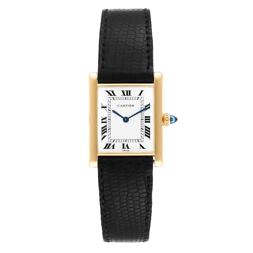 The image shows a Cartier Tank Classic  Men's Yellow Gold White Dial  Men's Yellow Gold White Dial watch with a front view of the face, bezel, crown, and black leather strap.