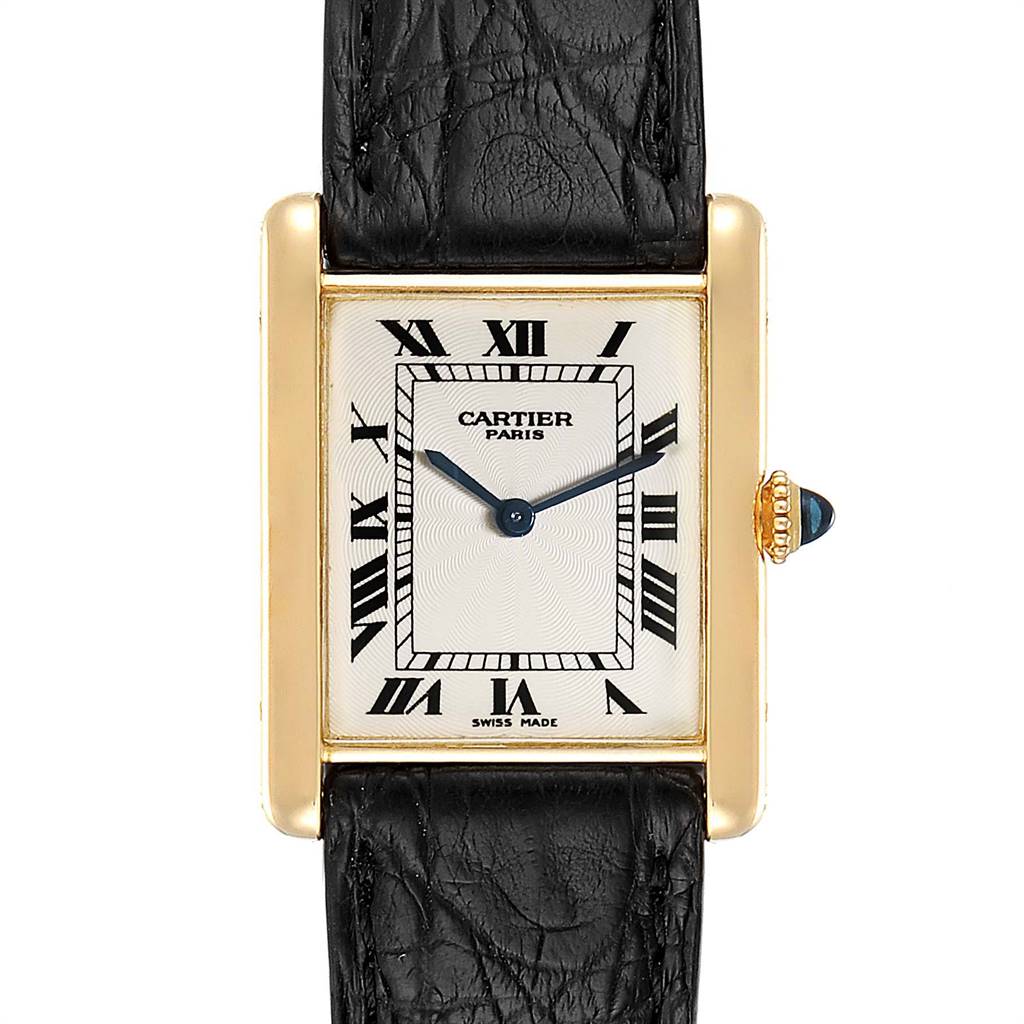 This image shows a front angle of the Cartier Tank Classic Men
s Yellow Gold Silver Dial Men
s Yellow Gold Silver Dial watch, highlighting its rectangular dial, Roman numerals, and black leather strap.