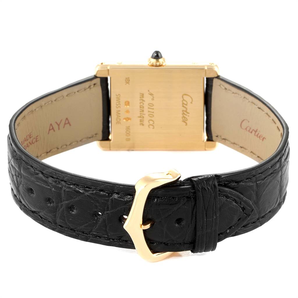 The image shows the back of the Cartier Tank Classic Men
s Yellow Gold Silver Dial Men
s Yellow Gold Silver Dial watch, highlighting the strap and buckle.