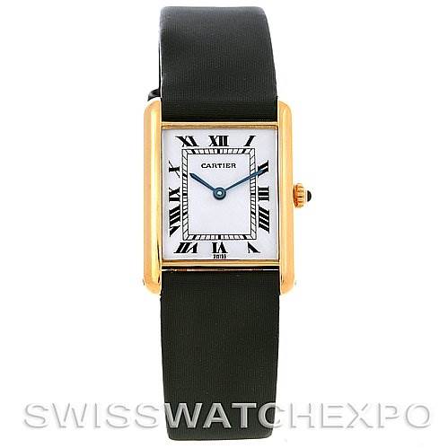 The image shows a frontal view of a Cartier Tank Classic Yellow Gold White Dial Yellow Gold White Dial model watch with a black strap and gold case.
