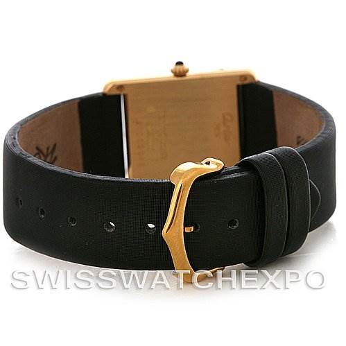 This image shows the back view of the Tank Classic watch by Cartier, highlighting the strap, buckle, and case back.