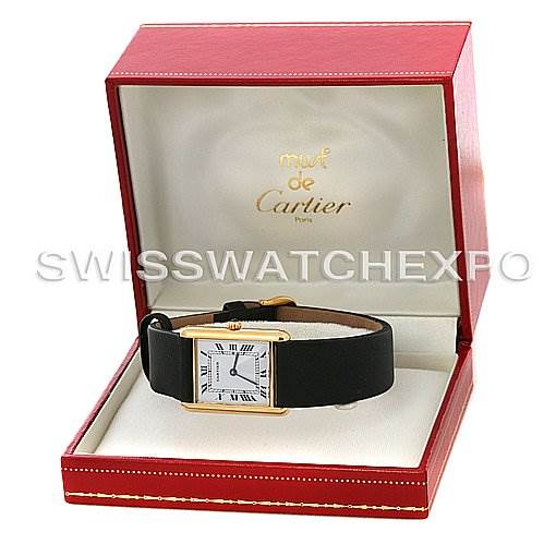 The Cartier Tank Classic Yellow Gold White Dial Yellow Gold White Dial model watch is shown in a frontal angle, placed inside its red box with a beige interior.