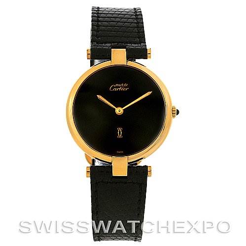 This image shows a frontal view of a Cartier Tank Classic Yellow Gold Black Dial Yellow Gold Black Dial watch with a round black dial, gold case, and black leather strap.
