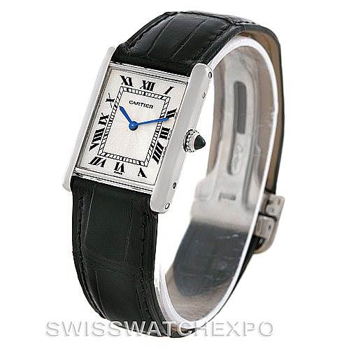 The Cartier Tank Classic Men's Platinum Silver Dial Men's Platinum Silver Dial watch is shown at a three-quarter angle, displaying the face, leather strap, and clasp.
