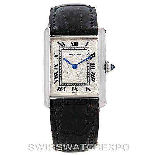 This image shows a frontal view of the Cartier Tank Classic Men's Platinum Silver Dial Men's Platinum Silver Dial model, displaying its face, dial, and black leather strap.