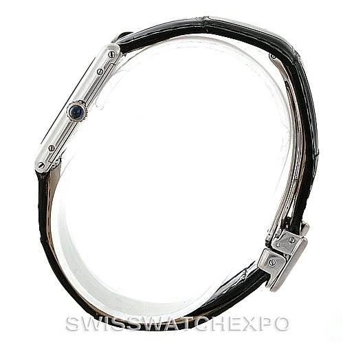 The image shows a side view of the Cartier Tank Classic Men's Platinum Silver Dial Men's Platinum Silver Dial model watch, highlighting its case, strap, and buckle.