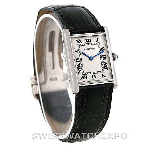 The image shows a Cartier Tank Classic Men's Platinum Silver Dial Men's Platinum Silver Dial watch at an angled side view, highlighting its rectangular face, Roman numeral dial, and black leather strap.