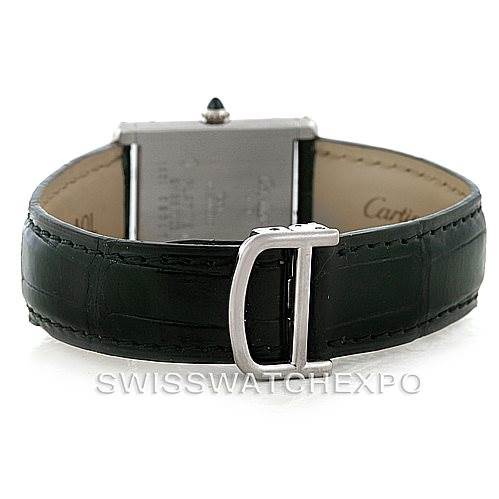 The image shows the Cartier Tank Classic Men's Platinum Silver Dial Men's Platinum Silver Dial watch from the back, highlighting the strap, clasp, and the caseback.
