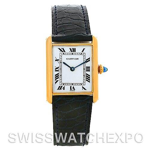This image shows a front view of the Cartier Tank Classic Yellow Gold White Dial Yellow Gold White Dial watch, displaying its face, strap, and gold case.