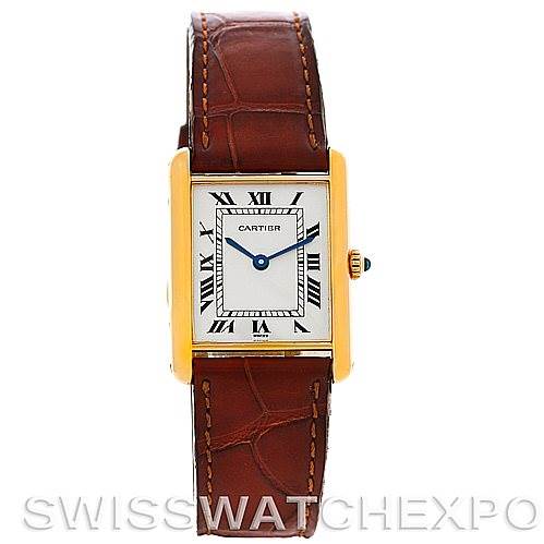 The image shows a frontal view of the Tank Classic watch by Cartier, featuring its rectangular dial and brown leather strap.