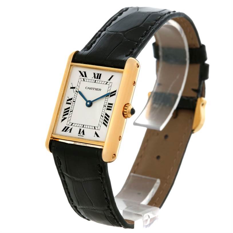 The Cartier Tank Classic Men's Yellow Gold White Dial Men's Yellow Gold White Dial watch is shown at a three-quarter angle, featuring the face, crown, and black leather strap.
