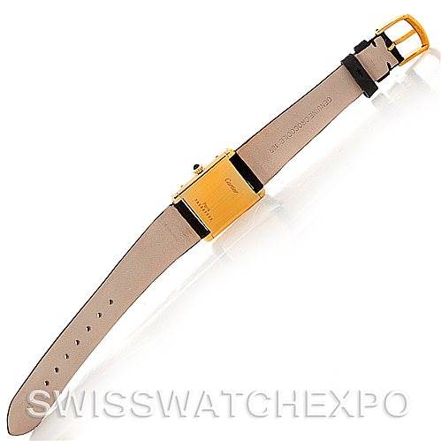 The image shows the back view of a Cartier Tank Classic Men's Yellow Gold White Dial Men's Yellow Gold White Dial watch with its leather strap fully extended.