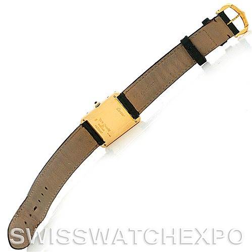 The Cartier Tank Classic Men's Yellow Gold White Dial Men's Yellow Gold White Dial watch is shown from the rear, highlighting the back case and leather strap.