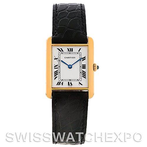 The image shows a front view of the Cartier Tank Classic Men's Yellow Gold White Dial Men's Yellow Gold White Dial watch, displaying its dial, case, crown, and black leather strap.