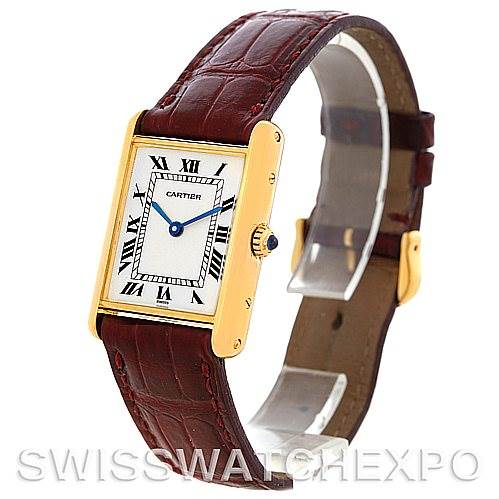 The image shows a Cartier Tank Classic MG215914 Men's Yellow Gold White Dial MG215914 Men's Yellow Gold White Dial watch from a front angle, highlighting the dial, case, crown, and leather strap.