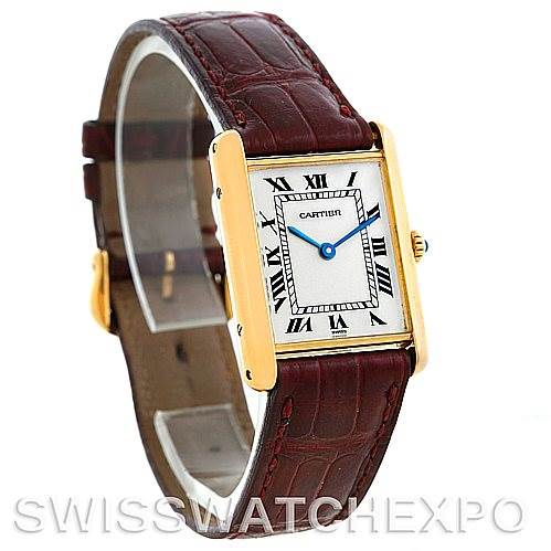 The image shows a Cartier Tank Classic MG215914 Men's Yellow Gold White Dial MG215914 Men's Yellow Gold White Dial watch from an angled side view, highlighting the face, bezel, and leather strap.