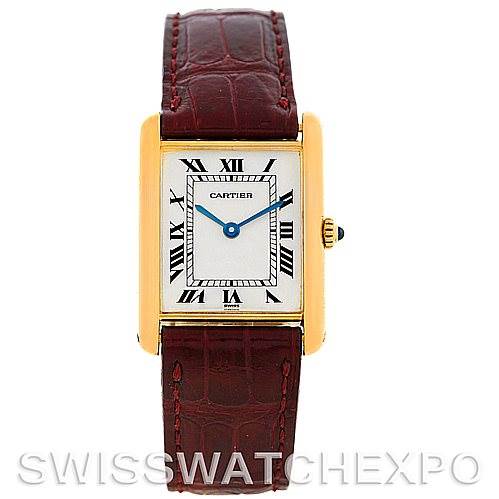 The image shows a front view of the Cartier Tank Classic MG215914 Men's Yellow Gold White Dial MG215914 Men's Yellow Gold White Dial watch, highlighting its dial, hands, case, and leather strap.