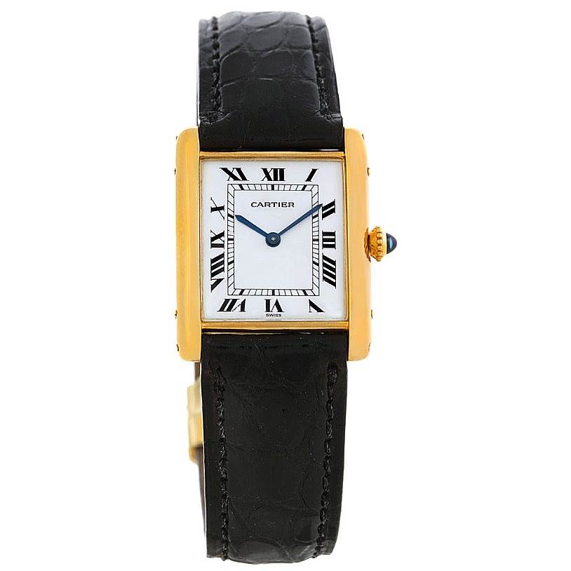 This image shows a Tank Classic model by Cartier from a front angle, displaying its rectangular dial, gold case, and black leather strap.