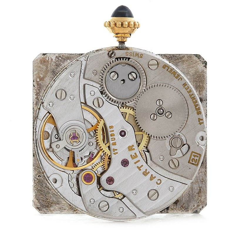 This image shows the internal mechanical movement of a Cartier Tank Classic Men's Yellow Gold White Dial Men's Yellow Gold White Dial watch, viewed from the back.