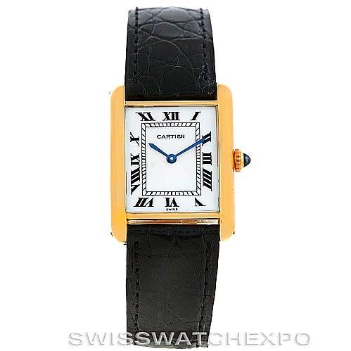 The image shows a front view of a Cartier Tank Classic Men's Yellow Gold White Dial Men's Yellow Gold White Dial watch with a black leather strap and gold rectangular case.