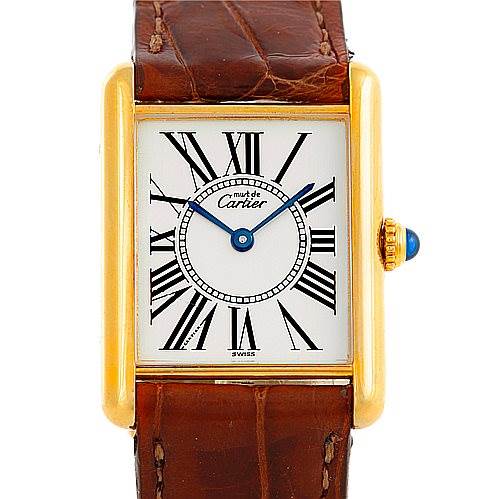 The image shows a front view of a Cartier Tank Classic W002953 Men's Yellow Gold White Dial W002953 Men's Yellow Gold White Dial watch with a brown leather strap and gold case.
