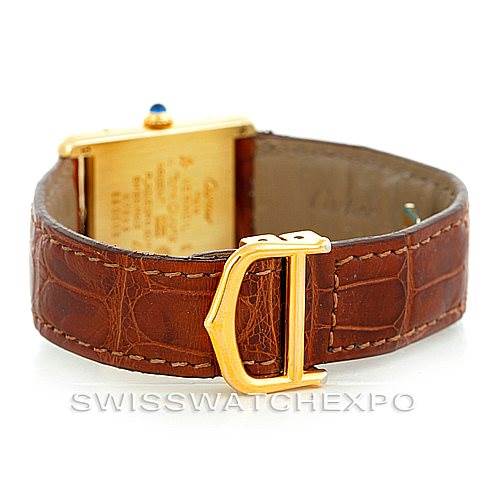 The image shows the back and clasp of a Cartier Tank Classic W002953 Men's Yellow Gold White Dial W002953 Men's Yellow Gold White Dial watch, displaying the leather strap and part of the case.