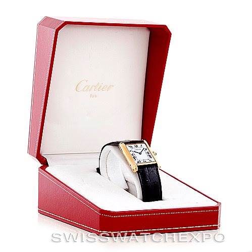 The image shows a Cartier Tank Classic 7808613746 Men's Yellow Gold White Dial 7808613746 Men's Yellow Gold White Dial watch at a slight angle, placed inside its red Cartier presentation box.