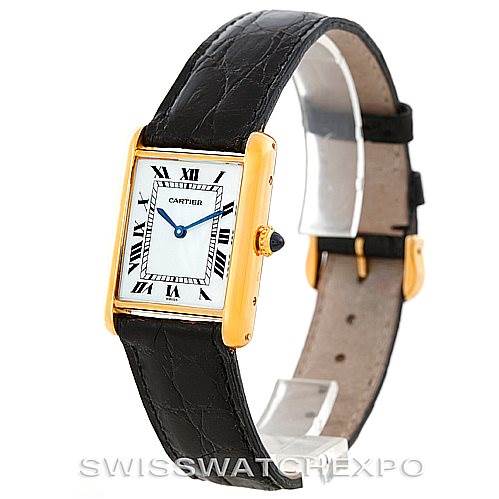 The image shows a Cartier Tank Classic 7808613746 Men's Yellow Gold White Dial 7808613746 Men's Yellow Gold White Dial watch at a three-quarter angle, highlighting the face, strap, and clasp.