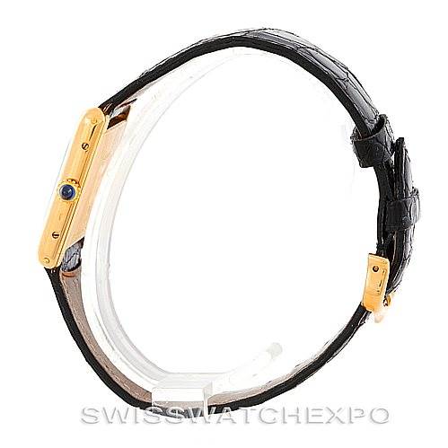 The image shows a side view of the Cartier Tank Classic 7808613746 Men's Yellow Gold White Dial 7808613746 Men's Yellow Gold White Dial watch, highlighting the case, crown, and leather strap.